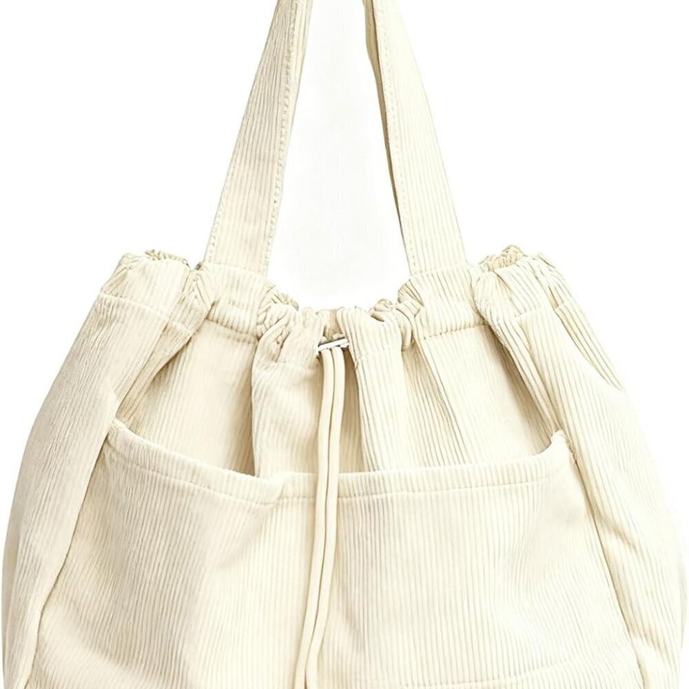 Corduroy Tote Bag Women Large Capacity Office Drawstring Shoulder Bag